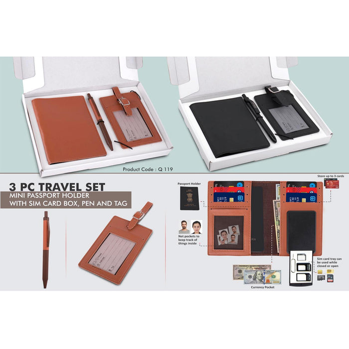 3 pc Travel set: Mini Passport holder with Sim card box, Luggage tag & Metal Pen in Gift box - Q 119