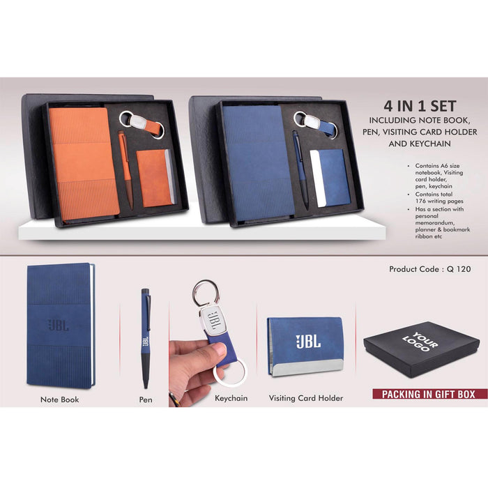 4 pc Notebook Set: A6 size notebook, Metal Pen, Loop Keychain & Visiting card holder in Gift box - Q 120