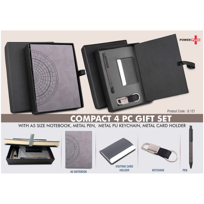 Power Plus- Compact 4 PC Gray Gift Set: A5 Size Notebook, Metal Pen, Metal PU Keychain, Metal Card Holder