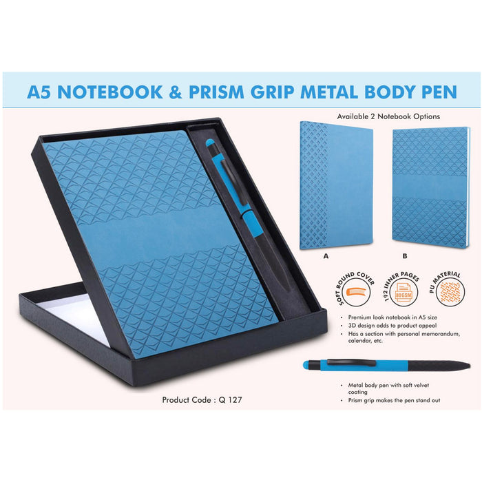 Power Plus- A5 Notebook And Prism Grip Metal Body Pen Q 127