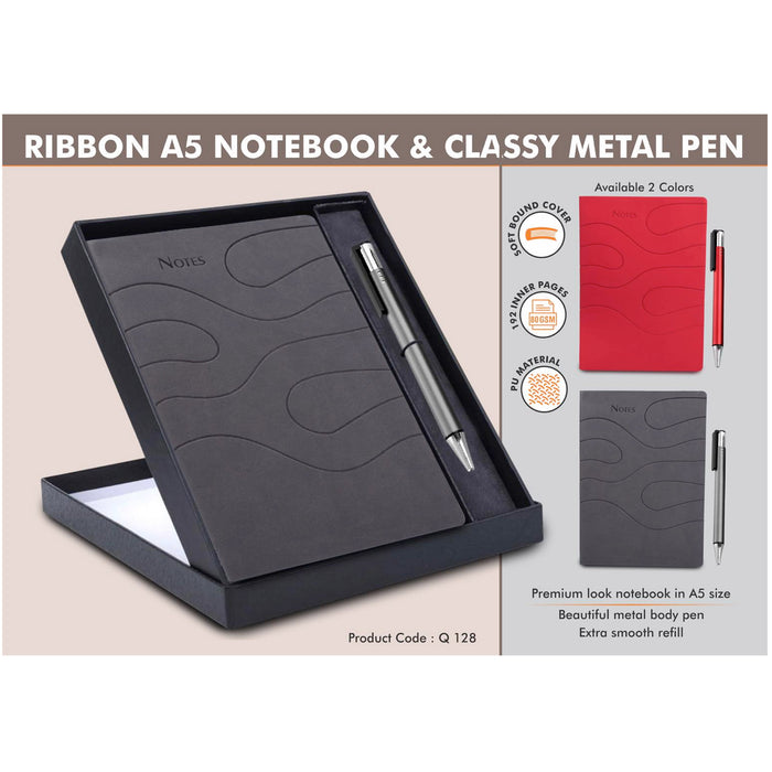 Power Plus- Ribbon A5 Notebook & Classy Metal Pen Q 128