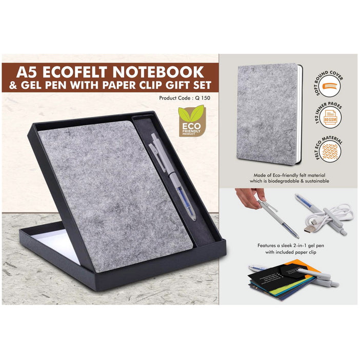 Power Plus- A5 Eco Felt Notebook & Gel Pen With Paper Clip Gift Set Q 150