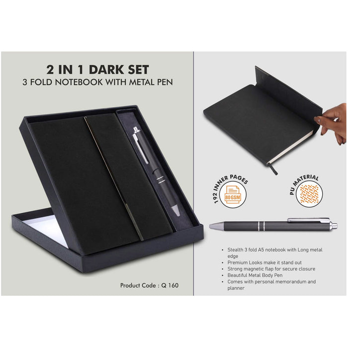 Power Plus- 2 In 1 Dark Set 3 Fold Notebook With Metal Pen Q 160