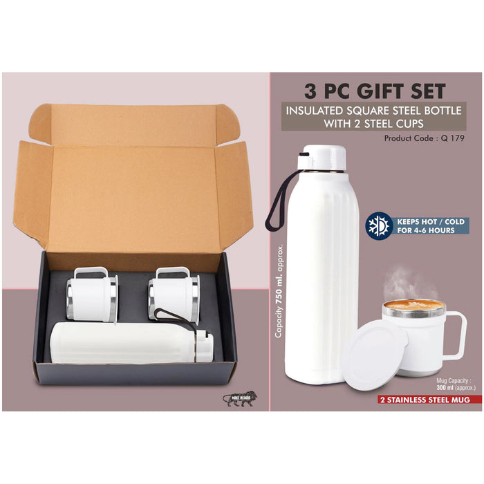 Power Plus- 3 PC Gift Set Insulated Square Steel Bottle With 2 Steel Cups Q 179