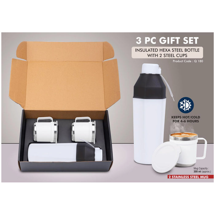 Power Plus- 3 PC Gift Set Insulated Hexa Steel Bottle With 2 Steel Cups Q 180
