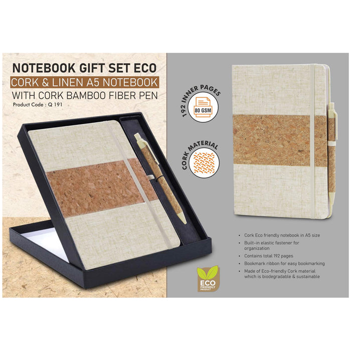 Power Plus- Notebook Gift Set Eco Cork & Linen A5 Notebook With Cork Bamboo Fiber Pen Q 191