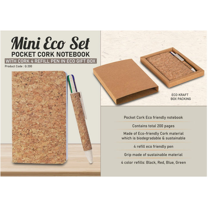 Power Plus- Mini Eco Set Pocket Cork Notebook With Cork 4 Refill Pen In Eco Gift Box Q 200