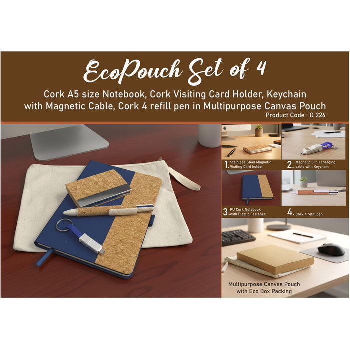 Power Plus- Eco Pouch Set Of 4 Notebook, Card Holder, Keychain with magnetic Cable, Canvas Pouch   Q 226