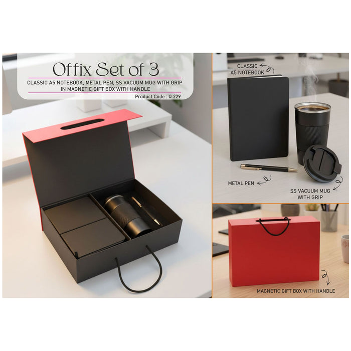 Power Plus- Offix Set of 3: Classic A5 Notebook, Metal Pen, SS Vacuum Mug With Grip In Magnetic Gift Box With Handle Q 229