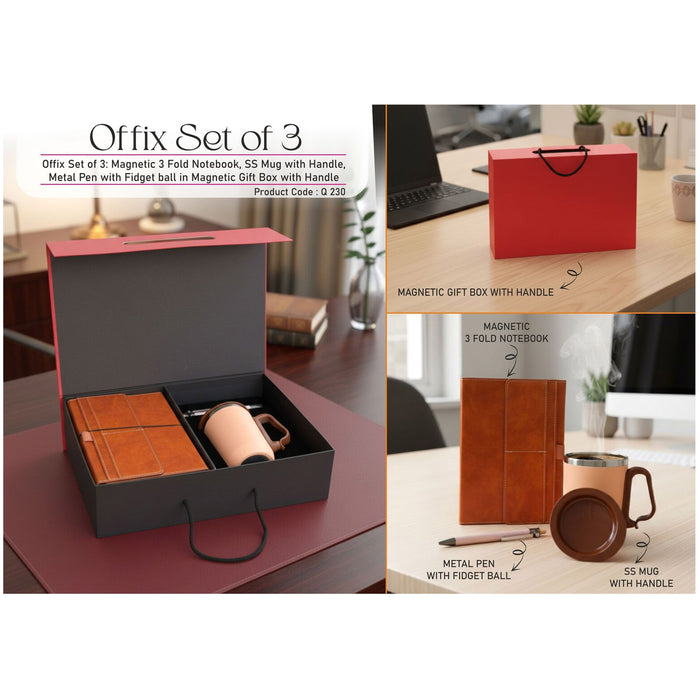 Power Plus- Offix Set of 3: Magnetic 3 Fold Notebook, Metal Pen, SS  Mug With Handle  In Magnetic Gift Box With Handle Q 230