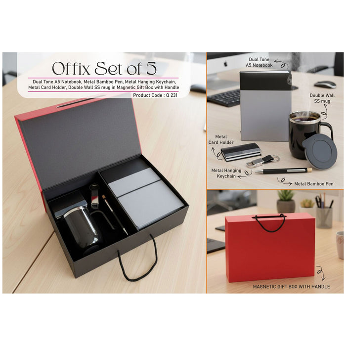 Power Plus- Offix Set of 5:Dual Tone A5 Notebook, Metal Bamboo Pen,Metal Hanging Keychain, Metal Card holder, Double Wall SS Mug In magnetic Gift Box with Handle Q 231
