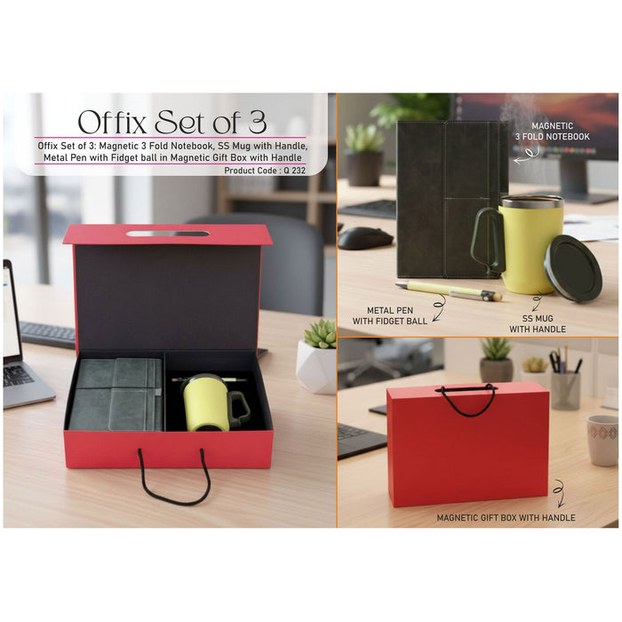 Power Plus- Offix Set of 3: Magnetic 3 Fold Notebook, SS Mug With Handle, Metal Pen with Fidget ball in Magnetic Gift Box With Handle Q 232