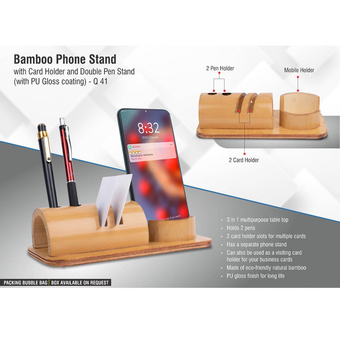 Bamboo phone stand with card holder and double pen stand (with PU Gloss coating)  -  Q 41
