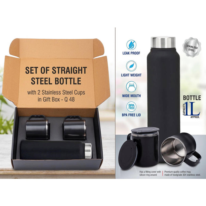 Set of Black Stainless Steel Bottle with 2 Stainless steel cups in Gift box | Bottle capacity 1L approx  -  Q 48