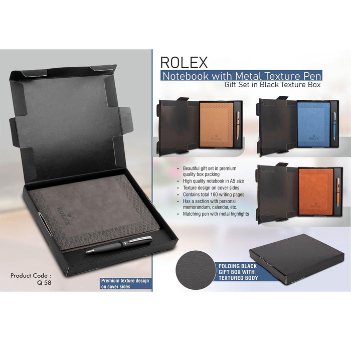 Rolex Notebook with Metal Texture pen | Gift set in Black Texture box - Q 58