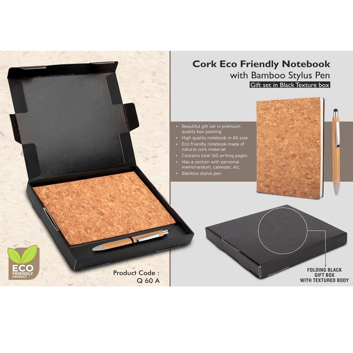 Cork Notebook with Bamboo Stylus pen | Gift set in Black Texture box - Q 60A