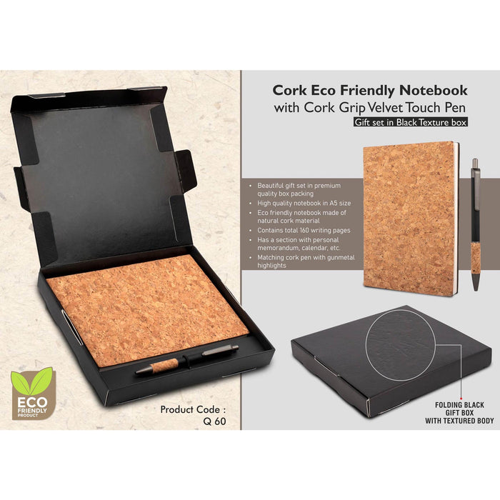 Cork Notebook with Cork Grip Velvet touch pen | Gift set in Black Texture box - Q 60