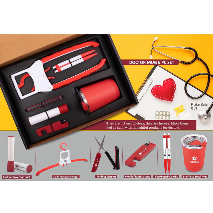 Doctor Mug set: Folding Coat hanger, Lint remover, Folding scissors, Mobile/Tablet stand, Pen/Pencil combo, Stainless steel mug | 6 pc set- Q 69