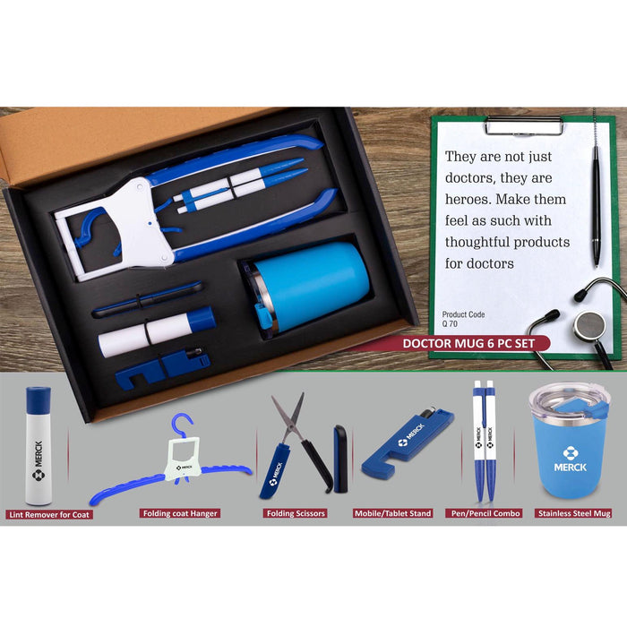 Doctor Mug set: Folding Coat hanger, Lint remover, Folding scissors, Mobile/Tablet stand, Pen/Pencil combo, Stainless steel mug | 6 pc set - Q 70