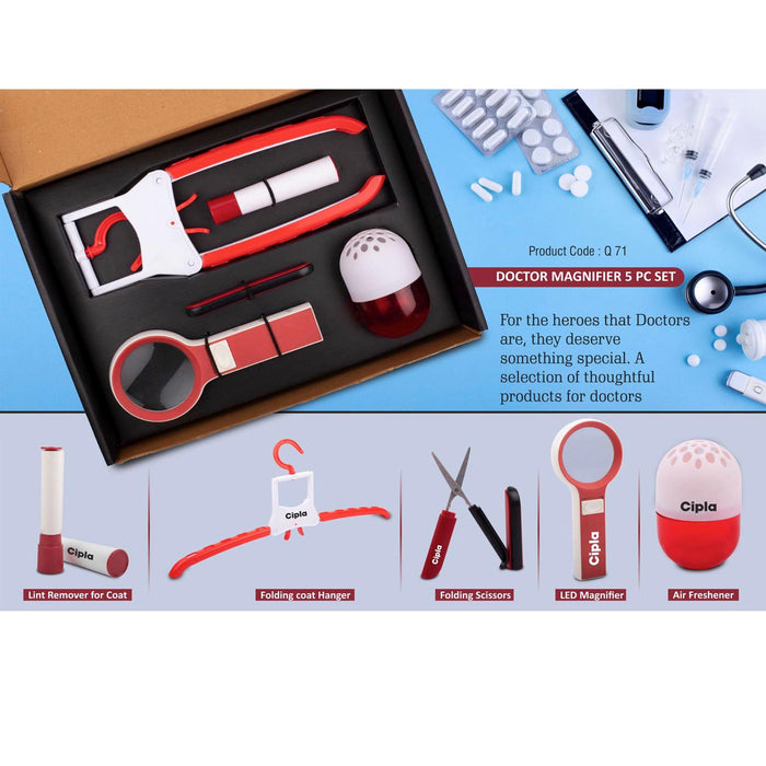 Doctor Magnifier set: Folding Coat hanger, Lint remover, Folding scissors, LED Magnifier, Capsule shape Air freshener | 5 pc set - Q 71