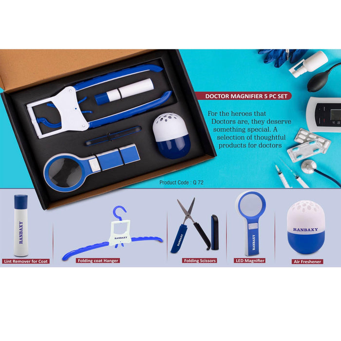 Doctor Magnifier set: Folding Coat hanger, Lint remover, Folding scissors, LED Magnifier, Capsule shape Air freshener | 5 pc set - Q 72