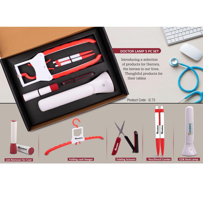 Doctor Lamp set: Folding Coat hanger, Lint remover, Folding scissors, Pen/Pencil combo, COB Desk lamp | 5 pc set - Q 73