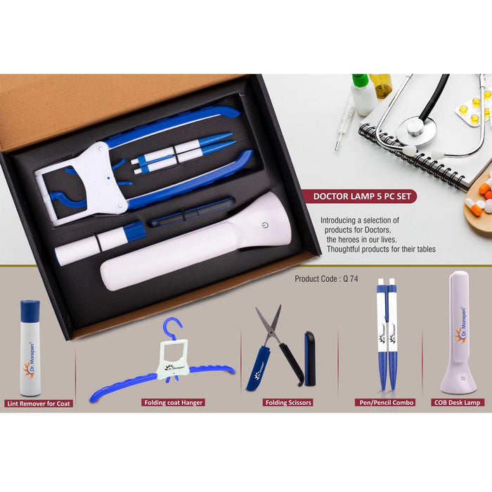Doctor Lamp set: Folding Coat hanger, Lint remover, Folding scissors, Pen/Pencil combo, COB Desk lamp | 5 pc set - Q 74