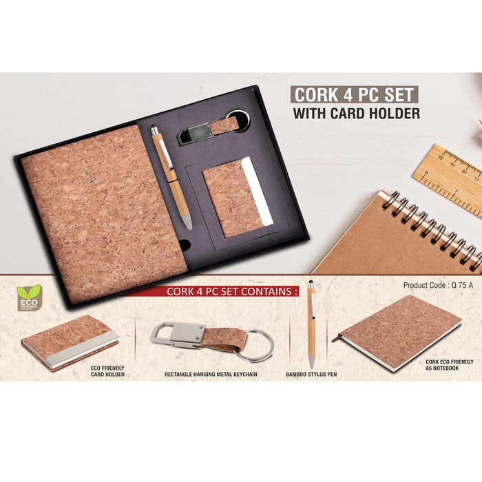 Cork 4 pc set: Cork notebook with Visiting Card holder, bamboo pen and keychain - Q 75A