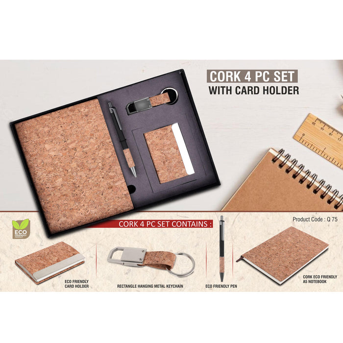 Cork 4 pc set: Cork notebook with Visiting Card holder, pen and keychain - Q 75