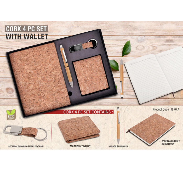 Cork 4 pc set: Cork notebook with Wallet, bamboo pen and keychain - Q 76A