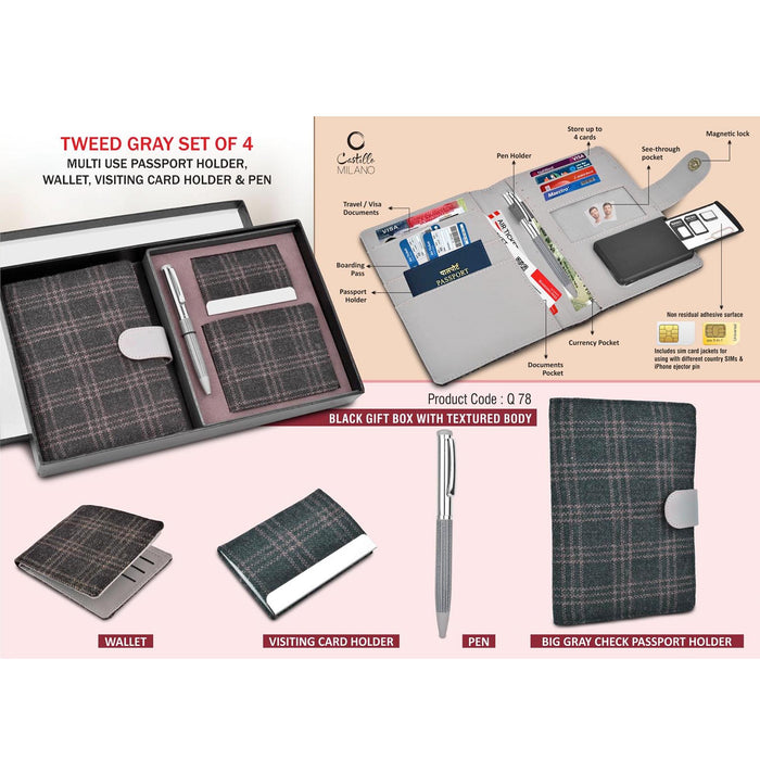 Tweed Gray Set of 4: Multi use Passport holder, Wallet, Card holder, Metal Pen  - Q 78