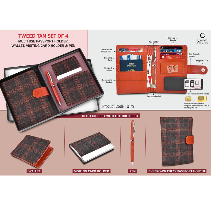 Tweed Tan Set of 4: Multi use Passport holder, Wallet, Card holder, Metal Pen  - Q 79