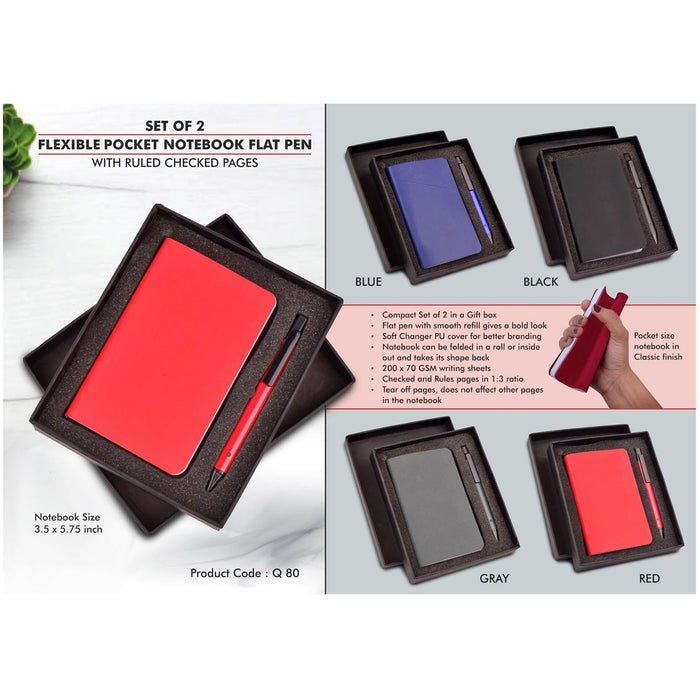 Power Plus- Set of 2 Flexible Pocket Notebook Flat Pen With Ruled Checked Pages Q 80