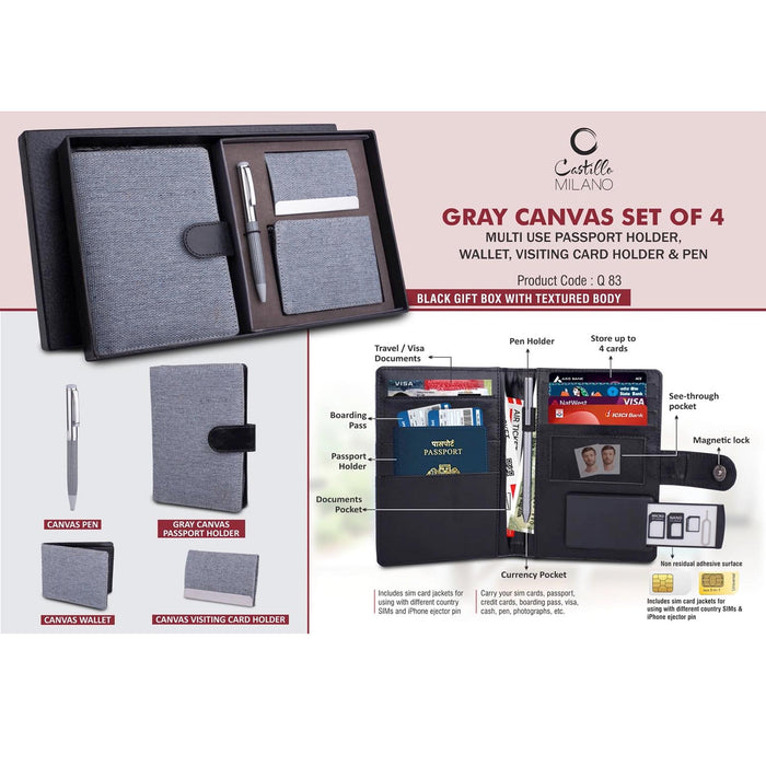 Canvas Gray Set of 4: Multi use Passport holder, Wallet, Card holder, Metal Pen - Q 83