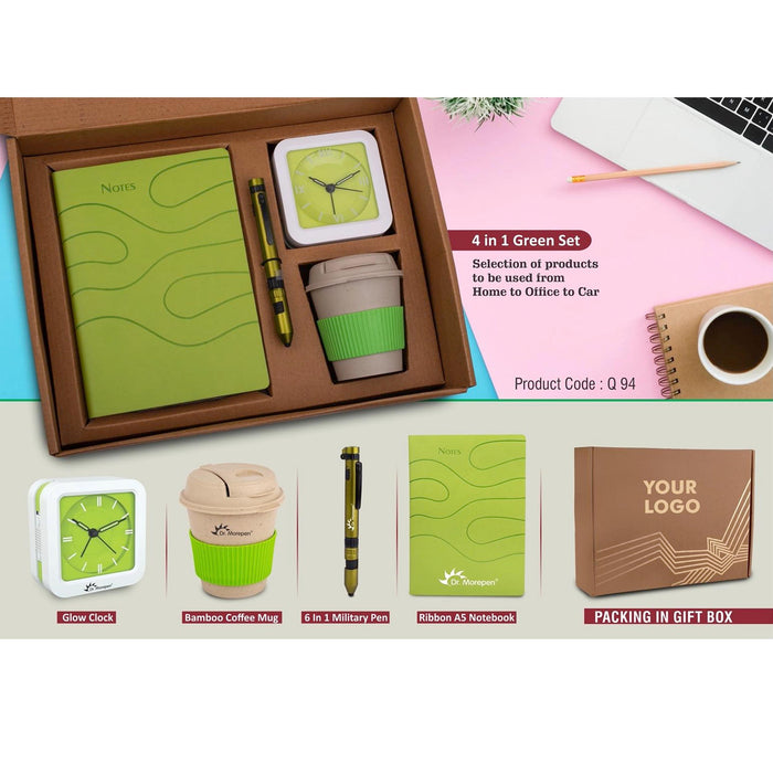 4 in 1 Green set: Bamboo coffee mug, 6 in 1 military pen, Glow Clock and A5 PU notebook in Kraft Gift Box - Q 94