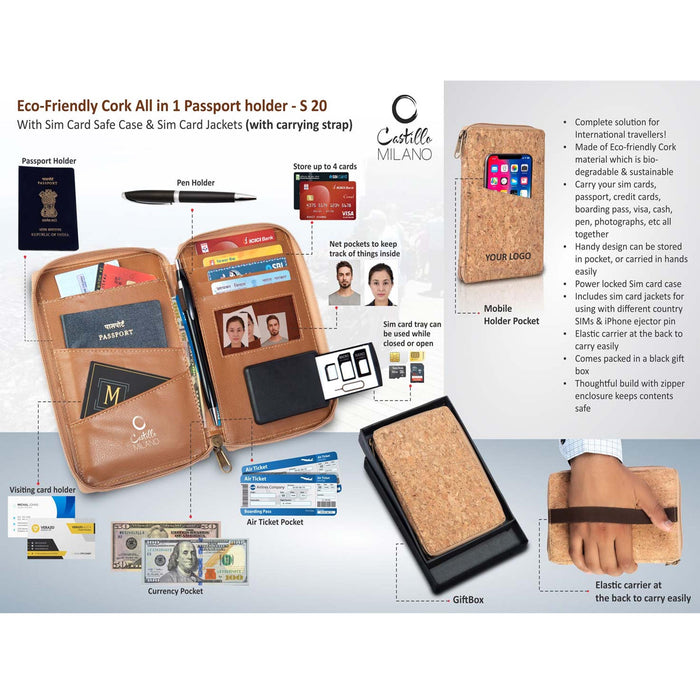 Eco-Friendly Cork All in 1 Passport holder With Sim Card Safe Case & Sim Card Jackets (with carrying strap)  - S 20