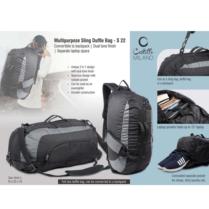 Multipurpose Sling Duffle Bag | Convertible to backpack | Dual tone finish | Separate laptop space - S 22