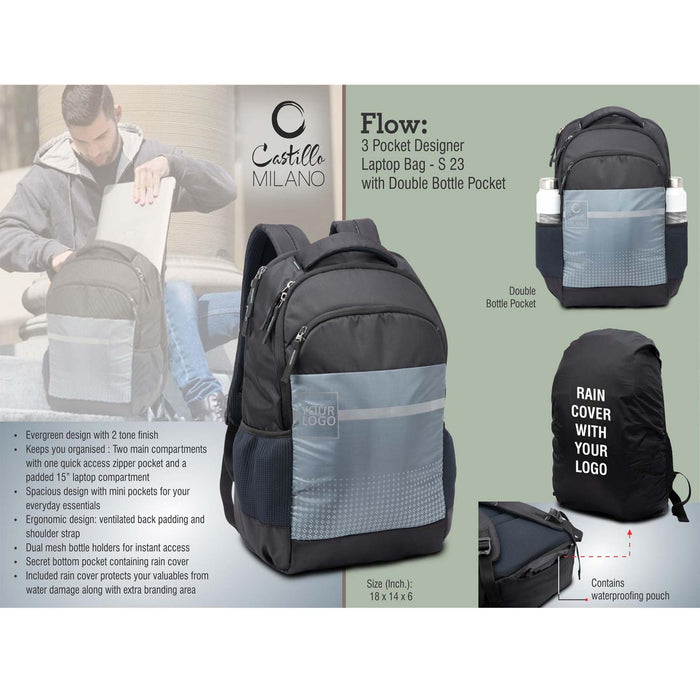 Flow: 3 pocket Designer laptop bag with double bottle pocket and rain cover - S 23