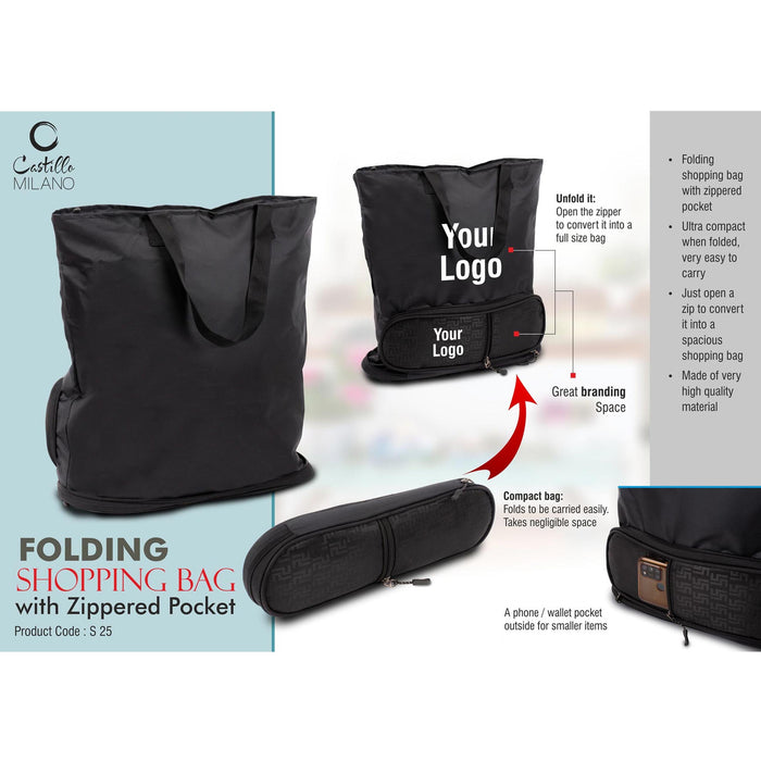 Folding shopping bag with Zippered pocket | Phone, wallet pocket outside  - S 25