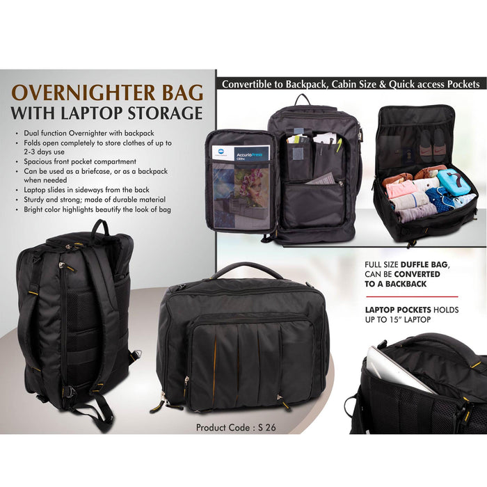 Overnighter bag with Laptop storage | Convertible to Backpack | Cabin size | Quick access pockets  - S 26