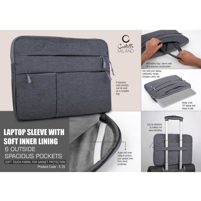 Laptop Sleeve with Soft inner lining | 6 outside spacious pockets | Soft touch fabric for gadget protection - S 29