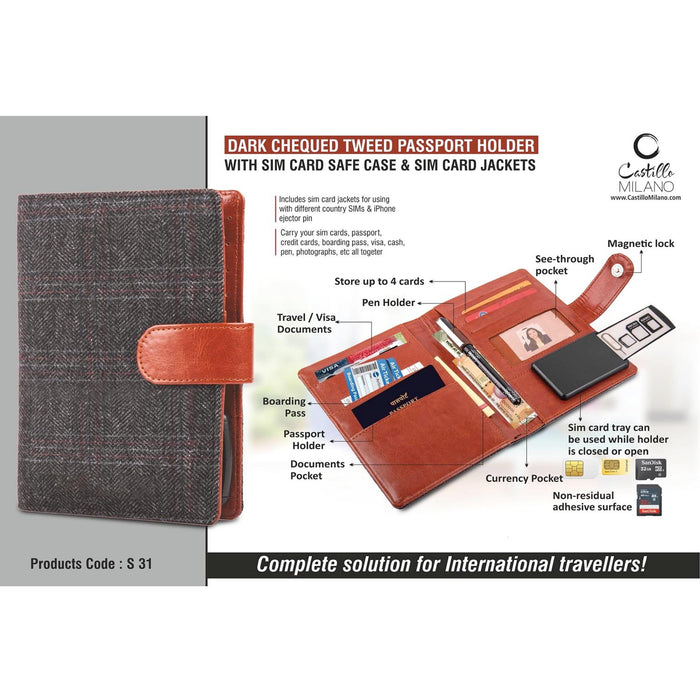 Dark Chequed Tweed Passport holder with Sim Card Safe Case & Sim Card Jackets  - S 31
