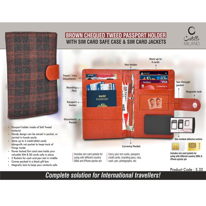 Brown Chequed Tweed Passport holder with Sim Card Safe Case & Sim Card Jackets - S 32