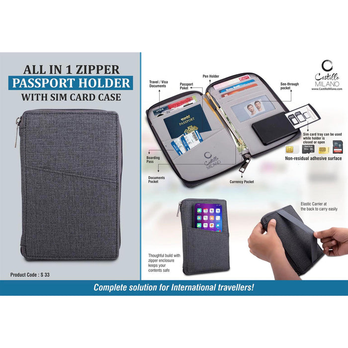 All in 1 Zipper Passport holder with Sim card case- Gray - S 33