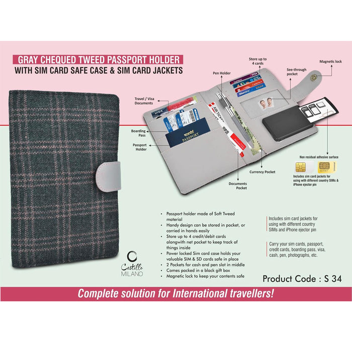 Gray Chequed Tweed Passport holder with Sim Card Safe Case & Sim Card Jackets - S 34