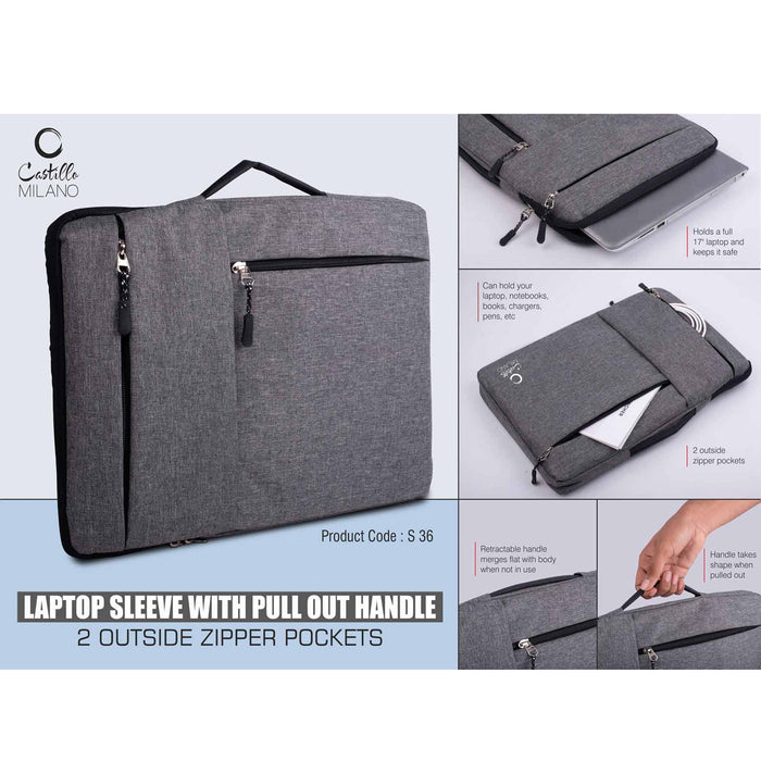 Laptop Sleeve with pull out handle | 2 outside zipper pocket - S 36