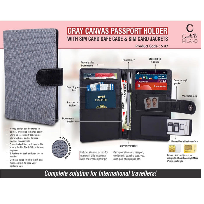 Gray Canvas Passport holder with Sim Card Safe Case & Sim Card Jackets - S 37