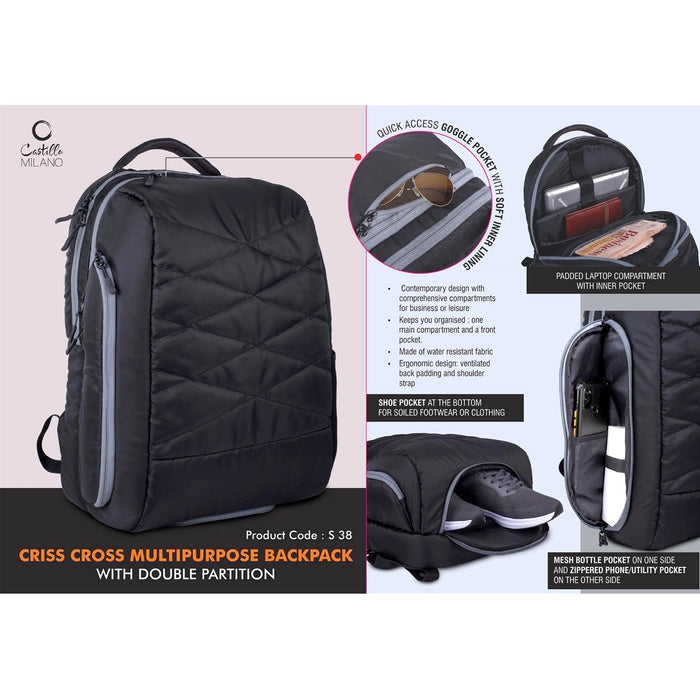 Criss Cross Multipurpose Backpack with Double Partition | Hidden phone and Goggle pockets | Separate Shoe Pocket - S 38
