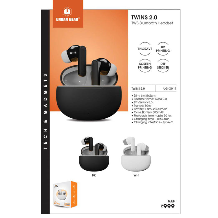 URBAN GEAR - Twins 2.0 - TWS Bluetooth Ear Buds - UG-GH11