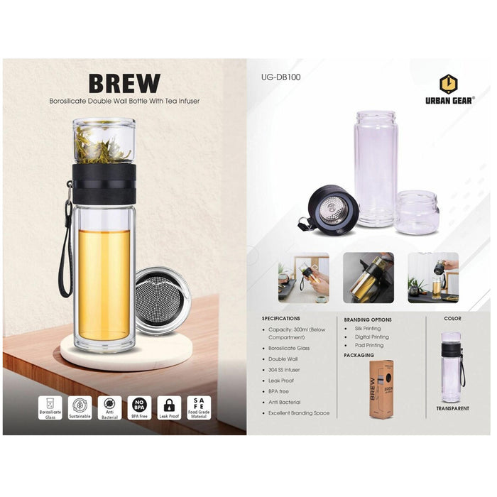 URBAN GEAR - Brew - Borosilicate Bottle with Tea Infuser (300ml)  - UG-DB100